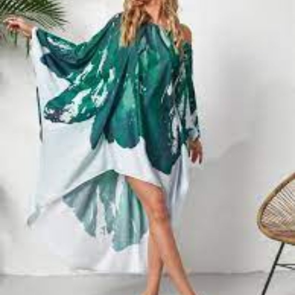Womens  Colorblock Asymmetrical Dolman Sleeve Green Dress small - Picture 2 of 4
